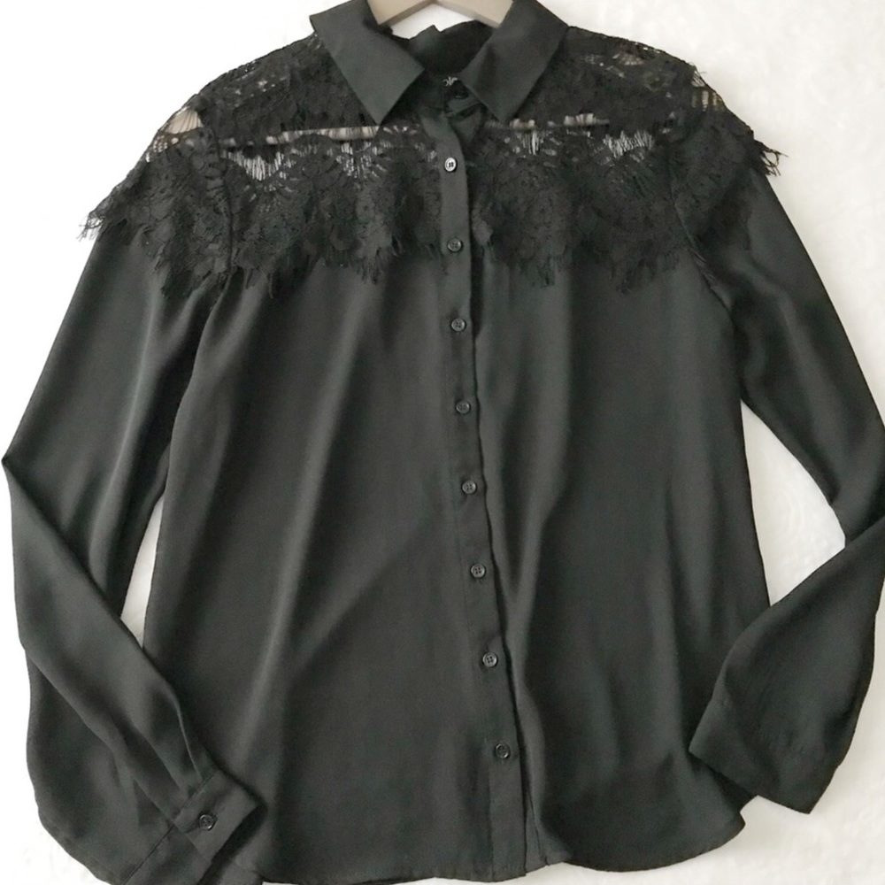 Lace Yoke Black Button Down Top